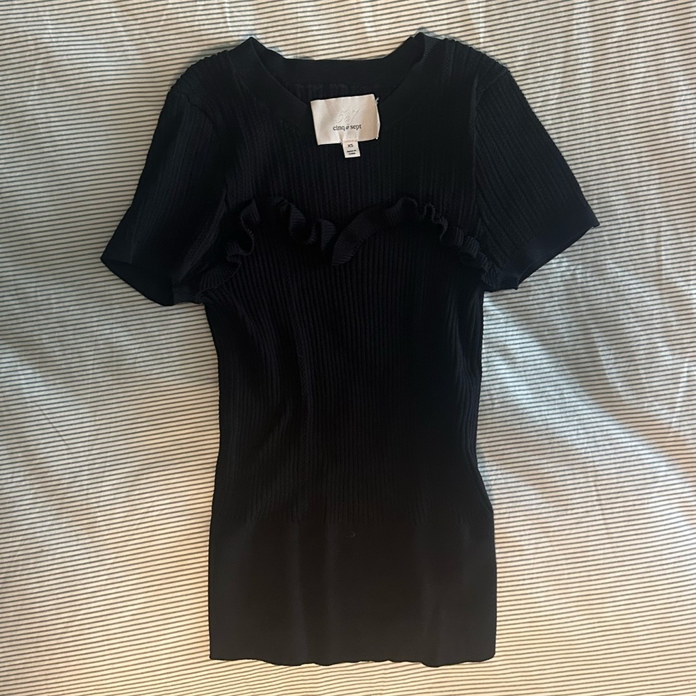 Cinq à Sept Black Ruffled Short Sleeve Top